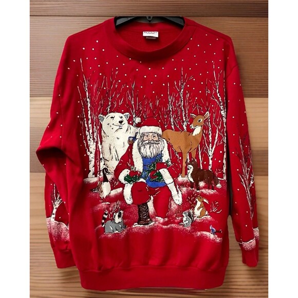 VTG Red Christmas Sweatshirt Large-Deer-Santa-rabbits-ugly Christmas-glitter - Picture 1 of 9